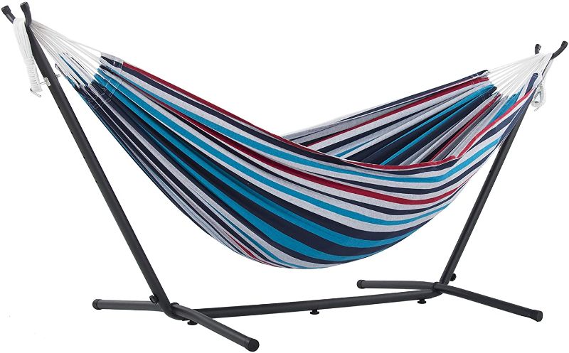 Photo 1 of **MINOR DAMAGE*MISSING PARTS *Vivere Double Cotton Hammock with Space Saving Steel Stand, Denim (450 lb Capacity - Premium Carry Bag Included), Denim with Charcoal Frame, 1 Count
