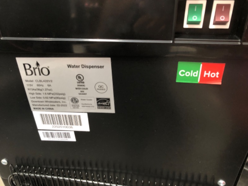 Photo 2 of **DAMAGED**Brio Hot Cold and Room Temp Water Dispenser Cooler Bottom Load, Tri-Temp, Black and Brush Stainless Steel, Essential Series, Black / Stainless Steel
