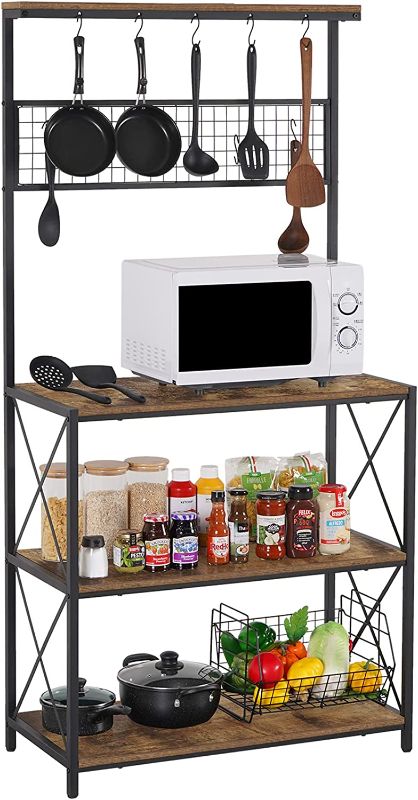 Photo 1 of **MINOR DAMAGE** Giikin Industrial Kitchen Baker's Rack, Kitchen Storage Shelf Rack with 10 Hooks, Microwave Oven Stand Shelf, Large Capacity Display Rack for Living Room, Kitchen and Bathroom, Adjustable Feet
