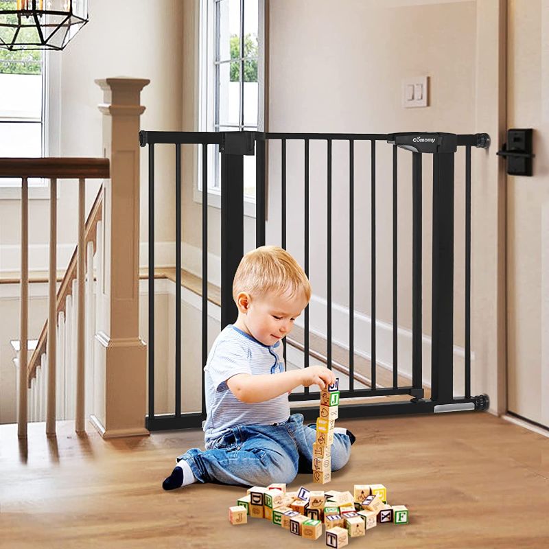 Photo 1 of COMOMY Safety Baby Gate Extra Wide 37.8"-43.3", Auto Close Dog Gate for House Doorways Stairs, Pressure Mounted Easy Walk Through Pet Gate Child Gate, Includes 2.75" and 8.25" Extension, Black
