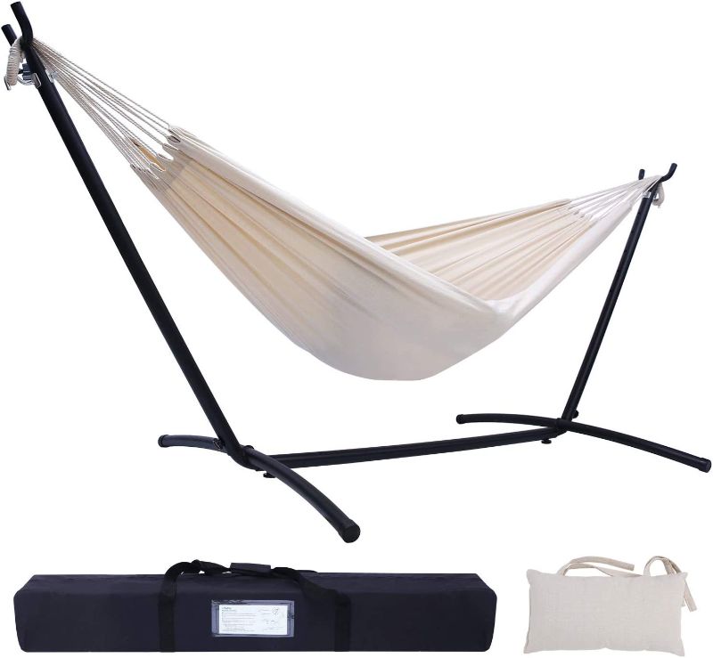 Photo 1 of **MISSING PARTS** Hammock with Stand Included, Ohuhu 2 Person Hammocks with 9.5 FT Heavy Duty Steel Stand & Pillow, Portable Double Hammock with Carrying Bag for Indoor Outdoor Garden Yard Porch Patio, 450 lb Capacity
