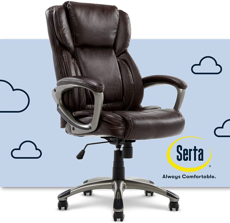 Photo 1 of Serta Executive Office Adjustable Ergonomic Computer Chair with Layered Body Pillows, Waterfall Seat Edge, Bonded Leather, Brown
