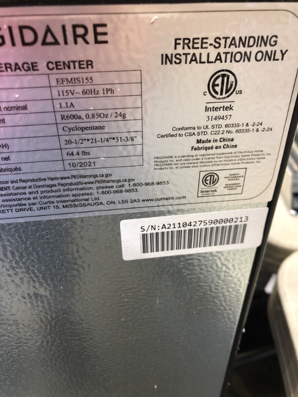 Photo 3 of **DAMAGED** Frigidaire 4.4 Cu. ft. 126-Can Beverage Center Refrigerator, EFMIS155, Stainless Steel door is not actually on the item. will need to be fixed or replaced before use
