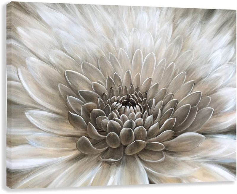 Photo 1 of **Small Tear**RICHSPACE ARTS Floral Wall Art in Neutral Color Modern Canvas Decor in Glam Style Framed Artwork with Embellishment Texture Dahlia Flower Picture in White Grey Cream Hues for Living Room 47 x 35in
