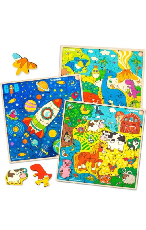 Photo 1 of ***3PCS***Wooden Puzzles for Kids Ages 3-5 - Jigsaw Puzzles for Toddler 2-4-8 Years Old by Quokka - Wood Toy Dinosaur Animals Rocket Space - Learning Game for Boys and Girls