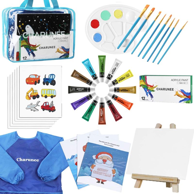 Photo 1 of ***2 PACKS***Kids Paint Set,28 Pieces Acrylic Paint Set with 6 Paint Brushes 6PCS 8x10 Painting Canvas Tabletop Easel & Waterproof Art Smock Paint Palette Color Mixing Chart (Acrylic Art Set)