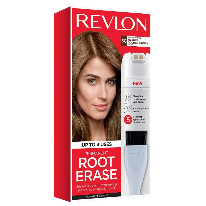 Photo 1 of ***2PACKS***Revlon Root Erase Permanent Hair Color, At-Home Root Touchup Hair Dye with Applicator Brush for Multiple Use, 100% Gray Coverage, Medium Golden Brown (5G), 3.2 oz