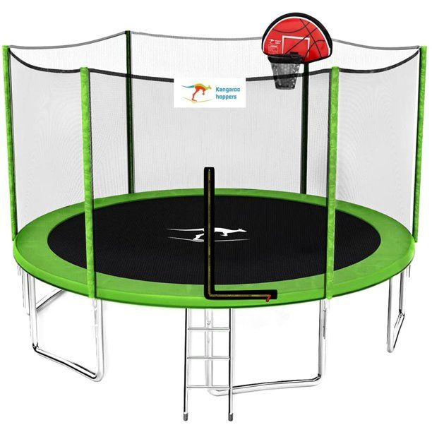 Photo 1 of ***PARTS ONLY*** Kangaroo Hoppers 14 ft Trampoline with Safety Enclosure Net, Basketball Hoop and Ladder, TUV & ASTM Tested (Green-14ft)
