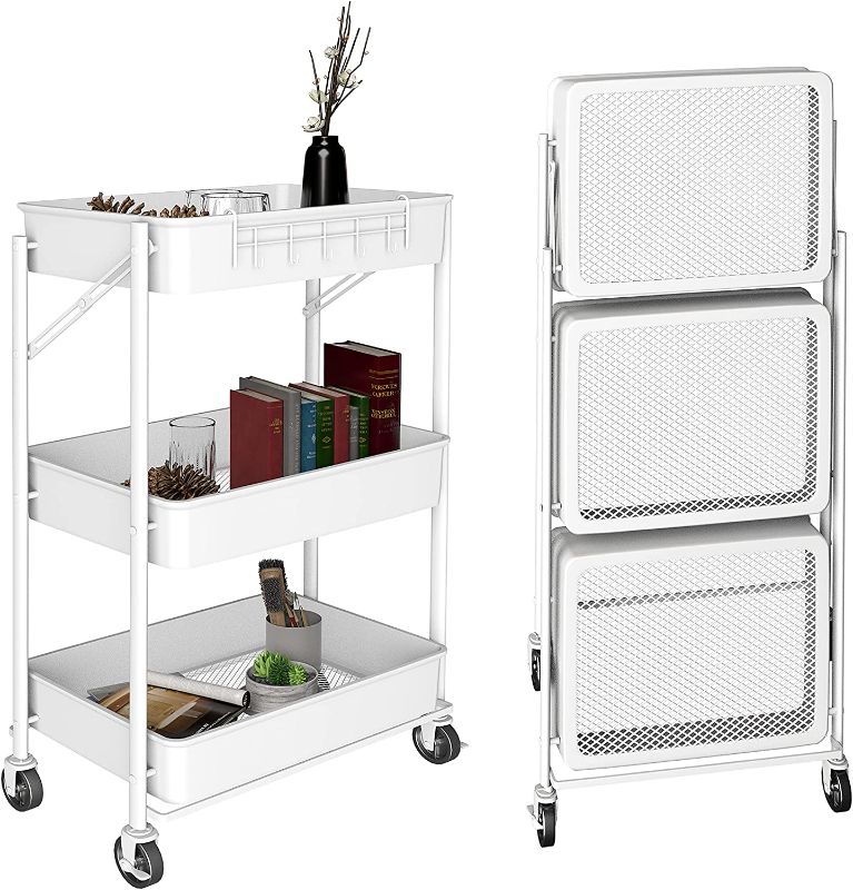 Photo 1 of 3 Tier Rolling Cart with Wheels - Foldable Metal Organizer Storage Carts with Hooks, Free Installation Utility Trolley, Enlarge Quiet Wheels with Locked, Collapsible for Kitchen,Outdoor?White?
