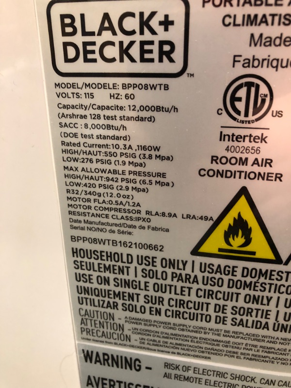 Photo 4 of Black & Decker 8000 Btu Sacc or 12000 Btu Ashrae 128 Portable Air Conditioner
