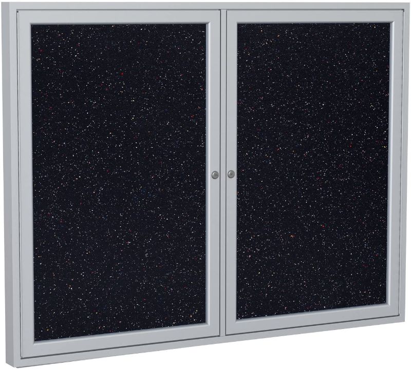 Photo 1 of ***SEE NOTE*** Ghent 36" x 48" 2-Door indoor Enclosed Recycled Rubber Bulletin Board, Shatter Resistant, with Lock, Satin Aluminum Frame, Confetti (PA234TR-CF) ,Made in the USA
