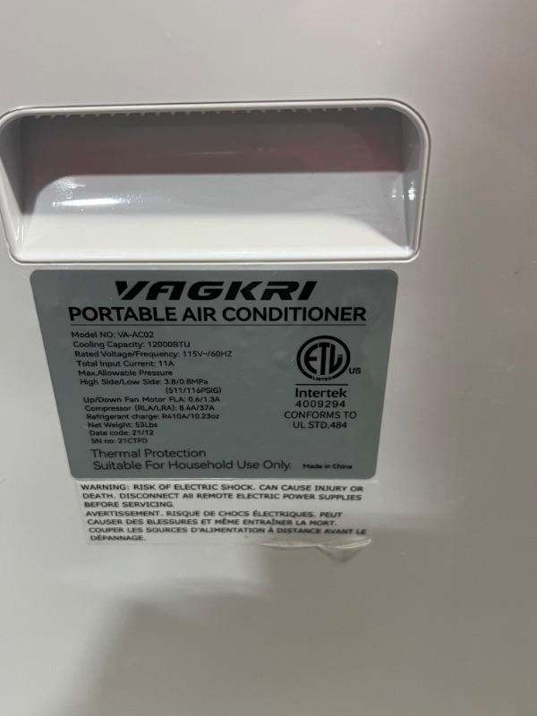 Photo 7 of VAGKRI Portable Air Conditioners 12000 BTU, 3-in-1 AC Unit with Fan & Dehumidifier Cools up to 550 sq. ft, Energy Saving Portable AC with ECO Mode, 3 Fan Speeds, Auto Swing, 24H On/Off Timer, Full-Function LED Remote Control, Side Handles & Wheels
