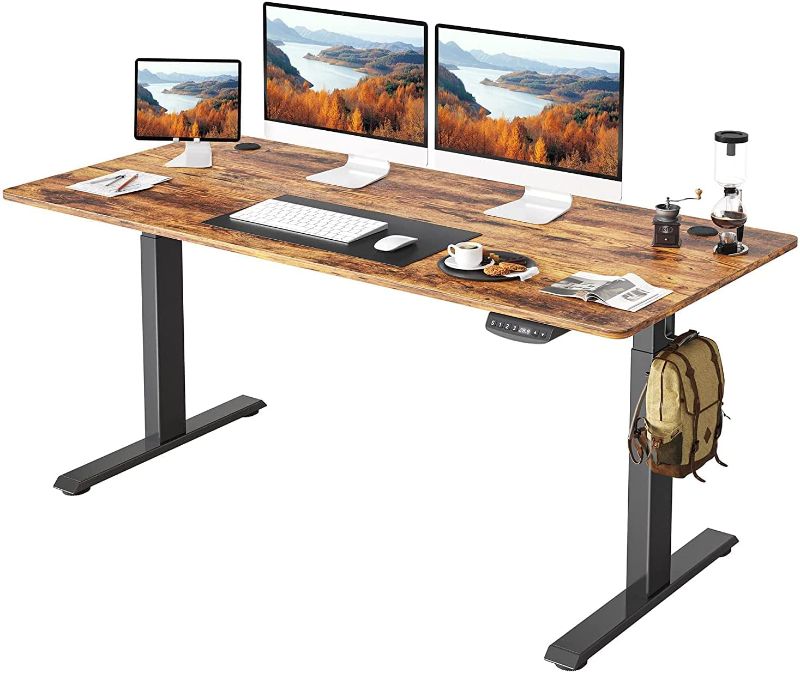 Photo 1 of FEZIBO Electric Standing Desk, 55 x 24 Inches Height Adjustable Table, Ergonomic Home Office Furniture with Splice Board, Black Frame/Rustic Brown Top
