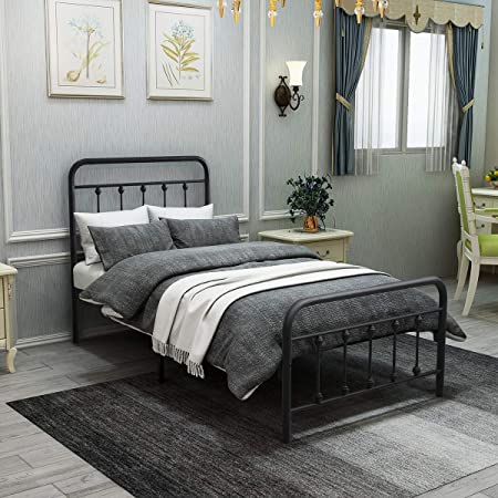 Photo 1 of  Metal Twin Bed Frame with Vintage Headboard and Footboard Sturdy Premium Steel Slat Support No Box Spring Needed, Textured Black