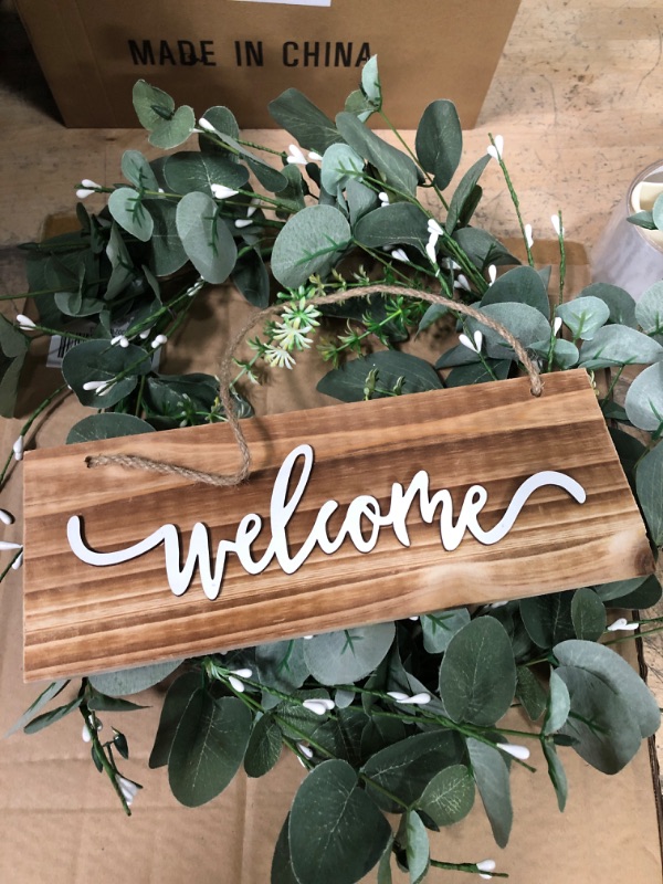 Photo 2 of 20 Inch Welcome Sign Green Eucalyptus Wreath for Front Door- Natural Grapevine with Versatile Silk Leaves - Ideal Spring Summer Fall Decorating for Indoor & Outdoor Use Christmas(White) (Green,White)
