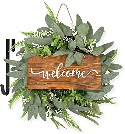 Photo 1 of 20 Inch Welcome Sign Green Eucalyptus Wreath for Front Door- Natural Grapevine with Versatile Silk Leaves - Ideal Spring Summer Fall Decorating for Indoor & Outdoor Use Christmas(White) (Green,White)
