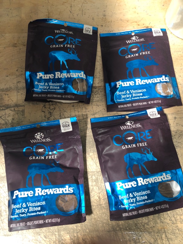 Photo 2 of **non-refundable**WELLNESS Core Pure Rewards Grain-Free Beef & Venison Jerky Bites Dog Treats, 4 Ounce bag (88206)
 4 pack exp 15 aug 2022 

