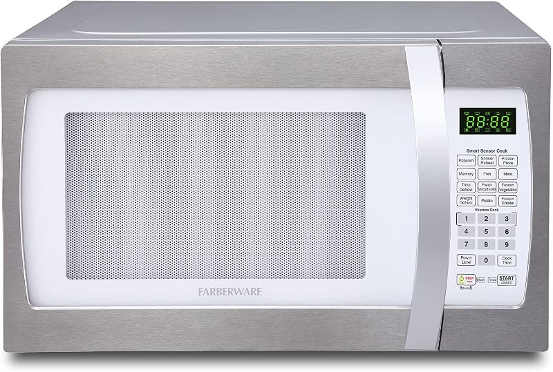 Photo 1 of DOES NOT POWER ON* PARTS ONLY*
Farberware Countertop Microwave Oven 1.3 Cu. Ft. 1100-Watt with Smart Sensor Cooking, ECO Mode and Green LED Lighting, Child Lock, Easy Clean Black Interior, Retro White and Platinum
