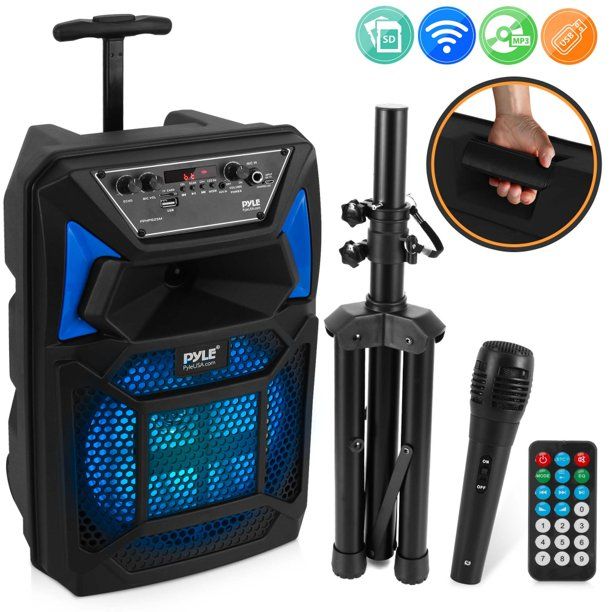 Photo 1 of Pyle PPHP82SM - PA Speaker and Microphone System - Portable Karaoke with Wired Mic, Built-in LED Party Lights, Stand (8’’ Subwoofer, 400 Watt MAX)
