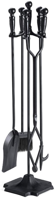 Photo 1 of  5 Pieces 32inch Fireplace Tool Set Black Cast Iron Fire Place Tool Set with Log Holder Fire Pit Stand Rustic Tongs Shovel Antique Broom Chimney Poker Wood Stove Hearth Accessories Set