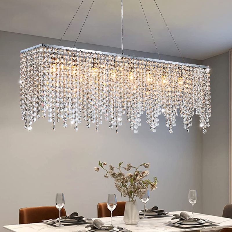 Photo 1 of 7PM Rectangular Chandelier Modern Crystal Pendant Light Chrome Hanging Lighting Fixture for Dining Room Kitchen Island Length 40"
