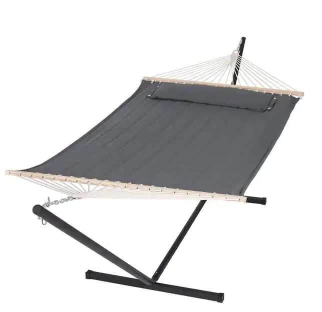 Photo 1 of 12 ft. Free Standing, 475 lbs. Capacity, Heavy-Duty 2-Person Hammock with Stand and Detachable Pillow in Dark Grey
