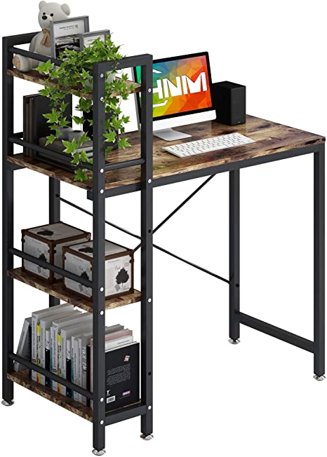 Photo 1 of 4NM Small Computer Desk with 4-Tier Bookshelf, 35 inches Home Office Desk Writing Workstation Study Table Multipurpose Space-Saving Desk (Rustic Brown and Black)
