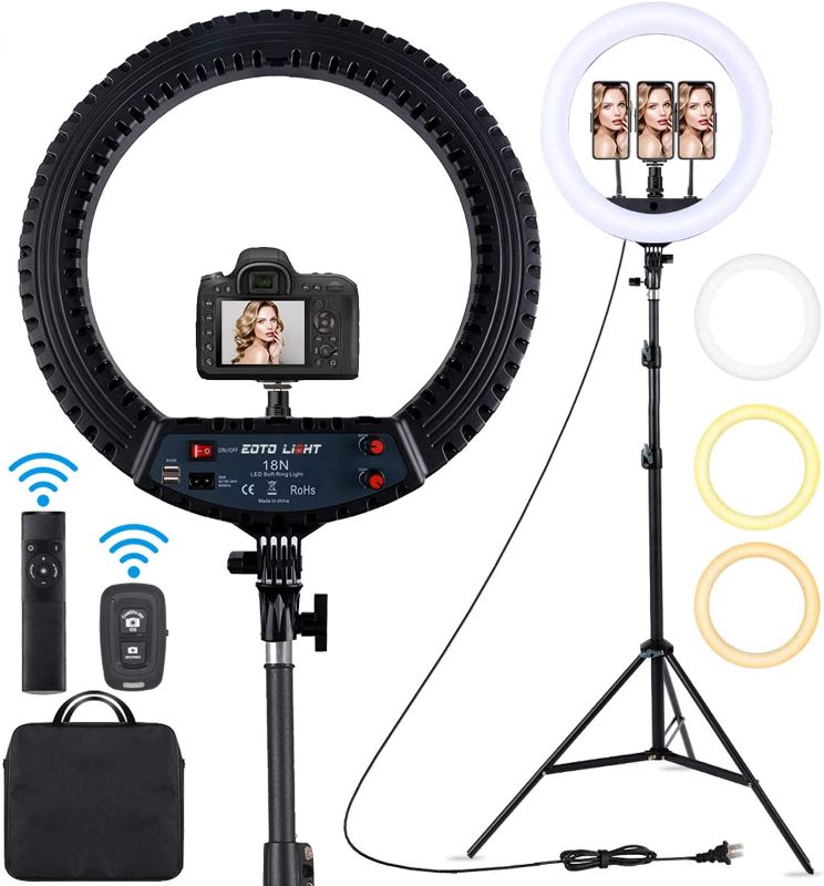 Photo 1 of 18 inch LED Ring Light with Tripod Stand Dimmable Makeup Selfie Ring Light for Studio Portrait YouTube Vlog Video Shooting with Carrying Bag and Remote Controller, CRI 90
