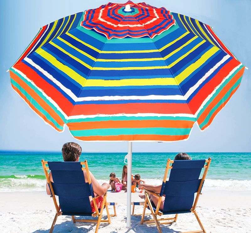 Photo 1 of  6.5 Foot Heavy Duty High Wind Beach Umbrella with air vent & Tilt Sun Shelter, UV 50+ Protection Outdoor Sunshade Umbrella with Carry Bag for Patio Garden Beach Pool Backyard, Multicolor Rainbow
