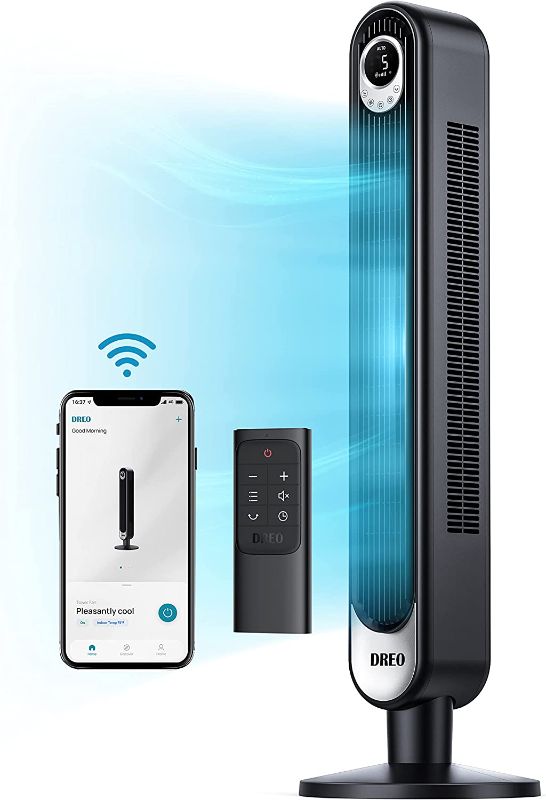 Photo 1 of Dreo Tower Fan Smart WiFi Voice Control, Works with Alexa/Google, Oscillating Floor Fan with Remote, Indoor Bladeless Standing Fans for Bedroom Home Office, with 6 Speeds,4 Modes,12H Timer,LED Display
