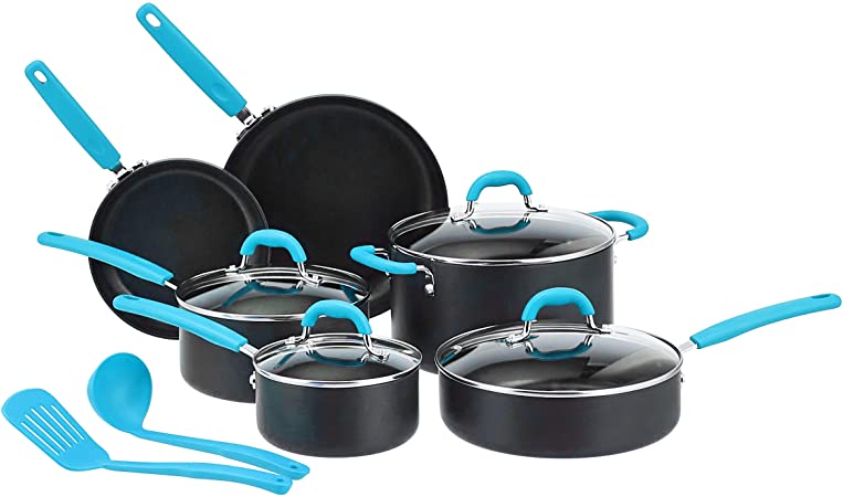 Photo 1 of Amazon Basics Hard Anodized Non-Stick 12-Piece Cookware Set, Turquoise - Pots, Pans and Utensils
