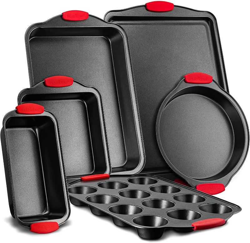 Photo 1 of 6-Piece Steel Nonstick Bakeware Set - Carbon Steel Baking Tray Set w/ Heatsafe Red Silicone Handles, Oven Safe Up to 450°F, Loaf Muffin Round/Square Pans, Cookie Sheet, Baking Pan - NutriChef NCSBS6S
