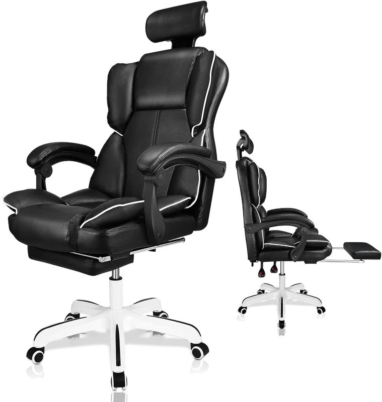 Photo 1 of Executive Office Chair High Back Computer Big Tall Office Chair Leather Swivel Task Chair with Footrest, Adjustable Height Reclining Chair with Wrap Padded Backrest and Cushion (Black)
