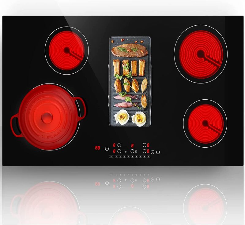 Photo 1 of GTKZW Electric Cooktop, 8600W 36 Inch Built-in Ceramic Glass Stove Top with 5 Burner, Sensor Touch Screen, 9 Heating Level, Safety Lock, Hot Plate Compatible with All Kinds of Cookwares
