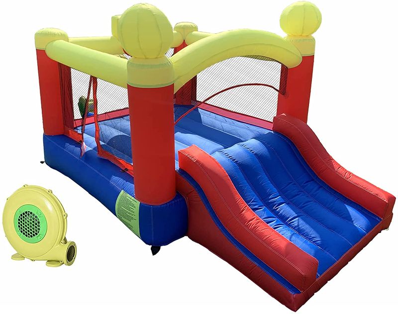 Photo 1 of DEAMAGED Jump Slide Bouncer,JOOLOOG Inflatable Bounce House, Blow-Up Jumper Bouncy Castle for Kids with Slide Air Blower, Carry Bag, Stakes & Repair Kit, Backyard Play & Party Fun, 10'x6.6'x5.9' Ages 3 and up
