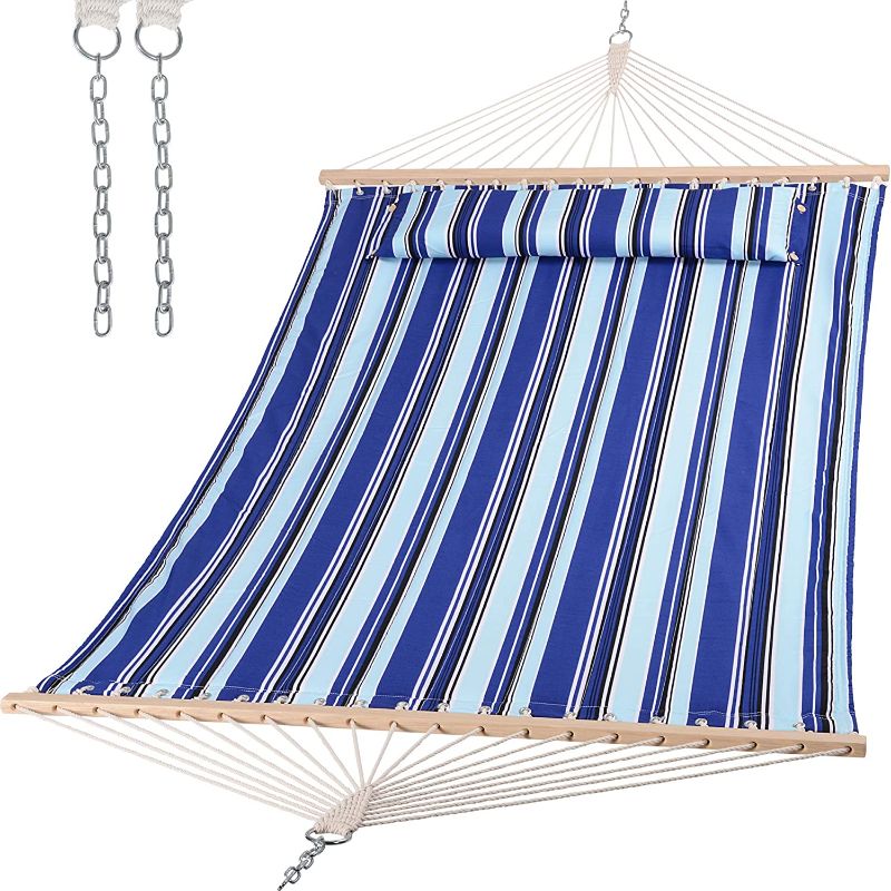 Photo 1 of *DIFFERENT STYLE FROM STOCK PHOTO* SUNCREAT Hammocks Quilted Fabric Hammock, Double Hammock with Spreader Bar, Soft Pillow, Max 475lbs Capacity, Blue Stripes
