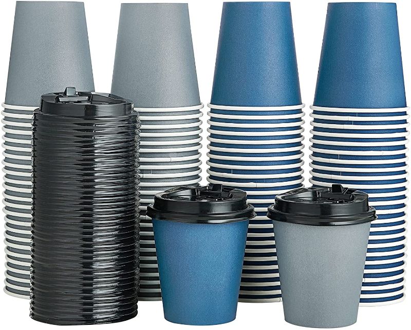 Photo 1 of 100 Pack 16 oz Paper Coffee Cups, Disposable Coffee Cups with Lids, Drinking Cups for Cold/Hot Coffee, Water, Juice, or Tea. Hot Paper Coffee Cups for Home, Restaurant, Store and Cafe.(Blue and Gray)
