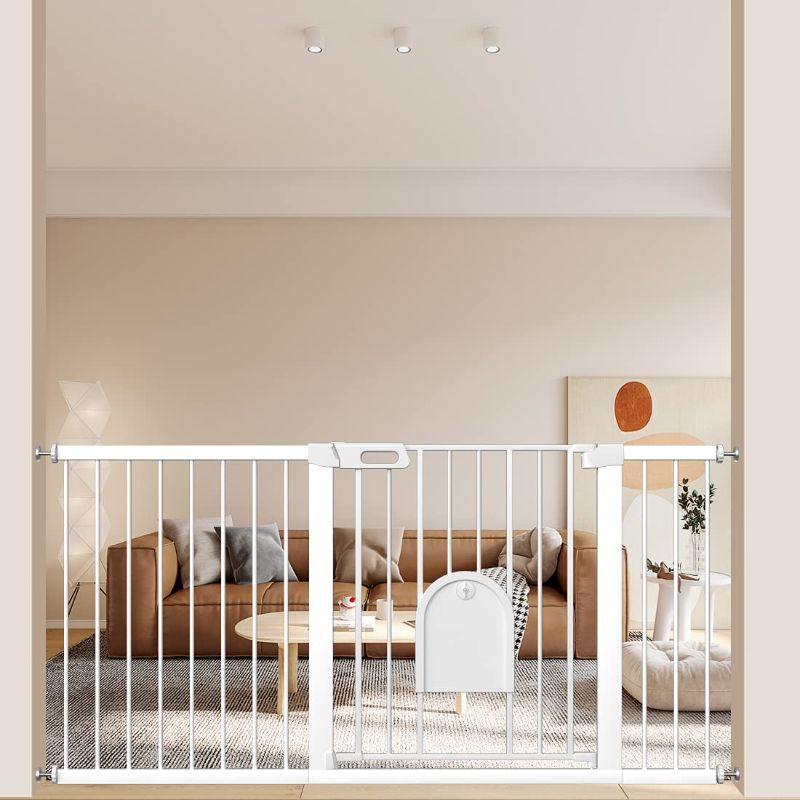 Photo 1 of Extra Wide Baby Gate with Cat Door - Walk Through Small Pet Door Safety Gate for Stair Kitchen - Pressure Mounted No Drill 70.87"-73.62" Wide
