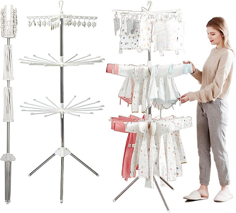 Photo 1 of Clothes Drying Rack Laundry Foldable -  Clothing Dryer JERRY&RAIN Removable 24 Clips 32 Hangers / 66" High White
