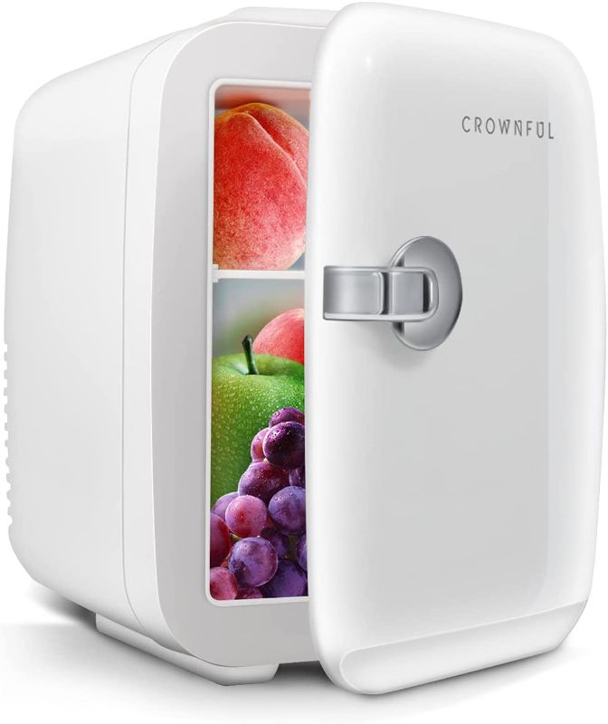 Photo 1 of CROWNFUL Mini Fridge, 4 Liter/6 Can Portable Cooler and Warmer Personal Refrigerator for Skin Care, Cosmetics, Beverage, Food,Great for Bedroom, Office, Car, Dorm, ETL Listed (White)
