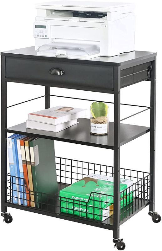 Photo 1 of Mobile Printer Stand with Storage Drawer and Adjustable Shelf 3 Tier Printer Table Cart on Wheels for Home Office, Multifunctional Desk Organizer for Fax Machine Scanner File Folder, Black
