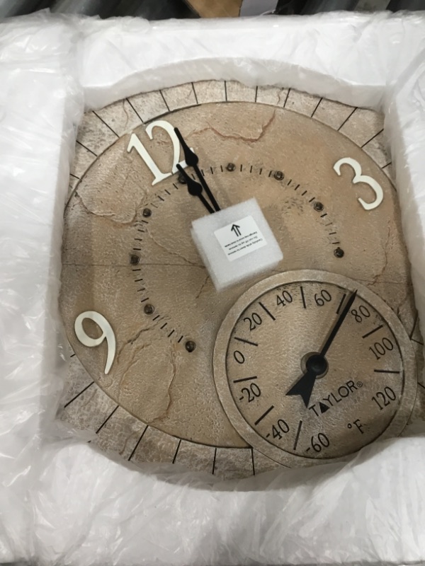 Photo 2 of Taylor Precision Products 92682T 14" Poly Resin Terra Cotta Stone Clock with Thermometer, Multicolor