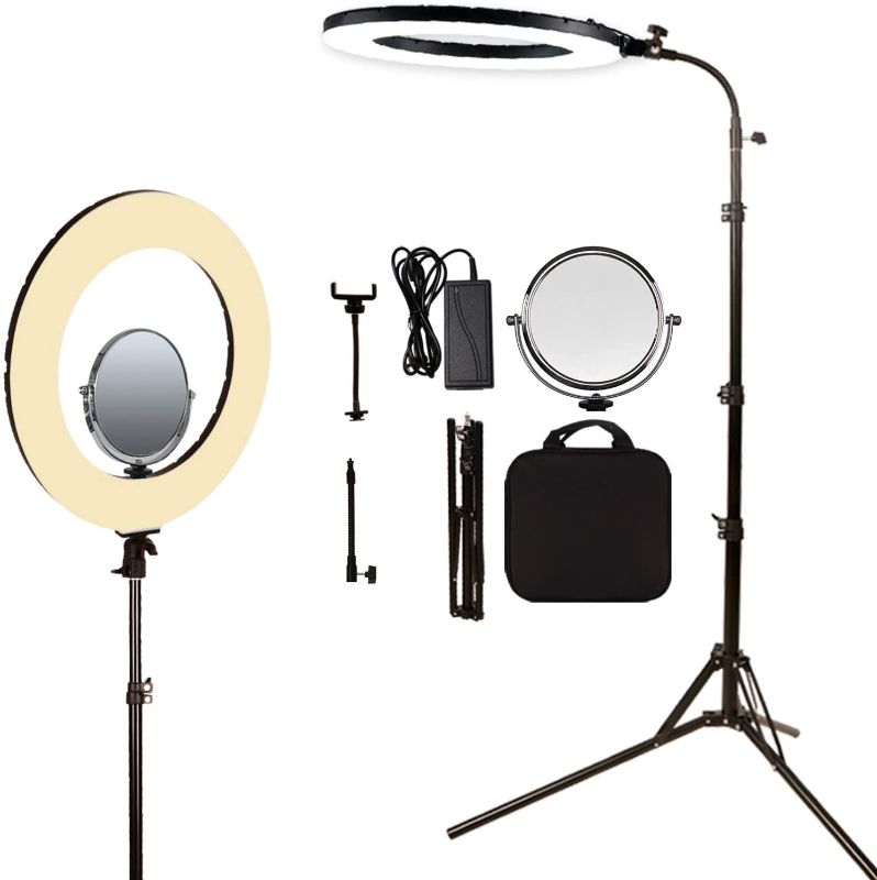 Photo 1 of GIJUANRING 18" 60W Dimmable 3200-5600K LED Ring Light, Photography Lighting Makeup Selfie Beauty Lighting Eyebrow Tattoo Lamp Studio Video Shooting Circle Light Kit with Stand,Mirror,Carrying Bag
