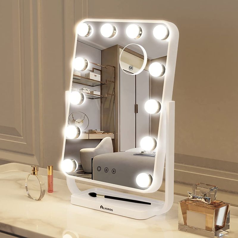 Photo 1 of alvorog Vanity Mirror with Lights Hollywood Lighted Makeup Mirror with 3 Color Modes 12 Dimmable LED Bulbs Detachable 5X Magnifying Mirror Touch Switch Memory Function 360°Rotation, White
