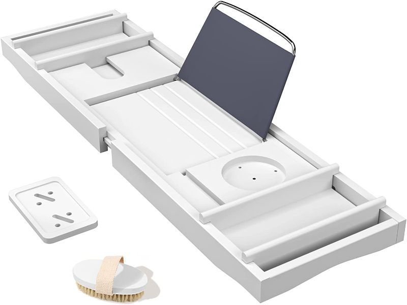 Photo 1 of Bathtub Tray Bath Caddy Expandable-Bath Shelf for Tub to Loved Ones with Free Shower Brush & Soap Holder(White)
