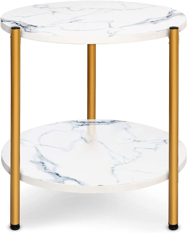 Photo 1 of ACIPENSER White Marble Side Table 2-Tier Small Gold End Table Round Modern Accent Table Nightstand for Bedroom&Living Room 16''Dx17''H
