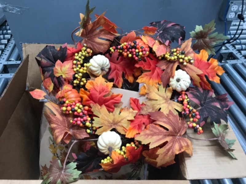 Photo 2 of 18 inch Thanksgiving Wreath-Artificial Maple Leaves with Cute Pumpkins-Romantic and Beautiful Gift
A LITTLE SMUSHED AND BENT, CAN BE STRAIGHTENED OUT