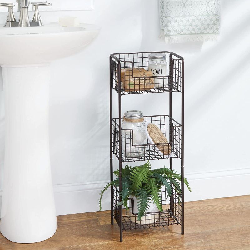 Photo 1 of mDesign Steel Freestanding Storage Organizer Tower Rack Basket Shelf, Metal 3-Tier Furniture Unit for Master/Guest Bathroom, Powder Room - Holds Bath Towels, Soap - Concerto Collection - Bronze
