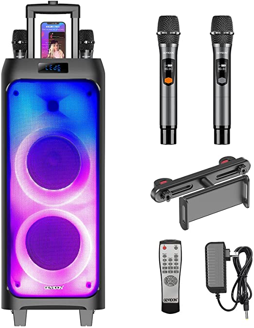 Photo 1 of GEARDON Karaoke Machine for Adults Kids, Dual 6.5" Subwoofer, Portable Outdoor Bluetooth Speaker w/Wireless Microphones for Singing, Recording, DJ lights, Car Tablet Holder, Mics, Party Loud-Speaker