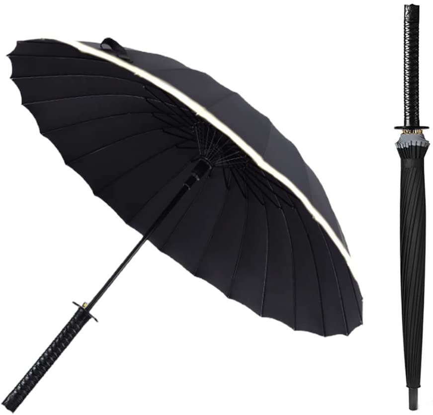 Photo 1 of 24 Ribs Katana Sword Handle Umbrella, Japanese Samurai Ninja Knives Black Umbrella Sword with Reflective Strip
